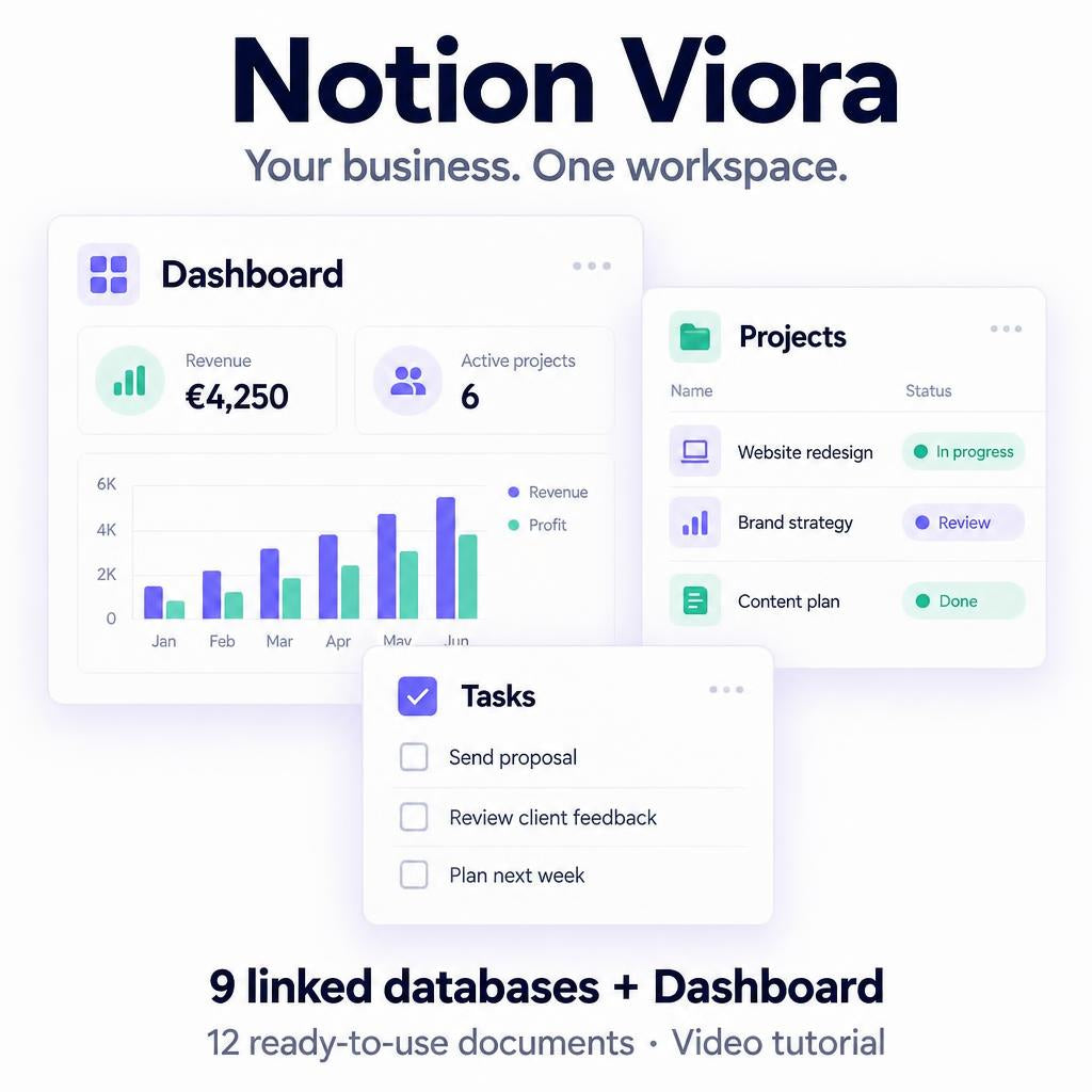 Notion Viora – dashboard, projects and tasks illustrative preview